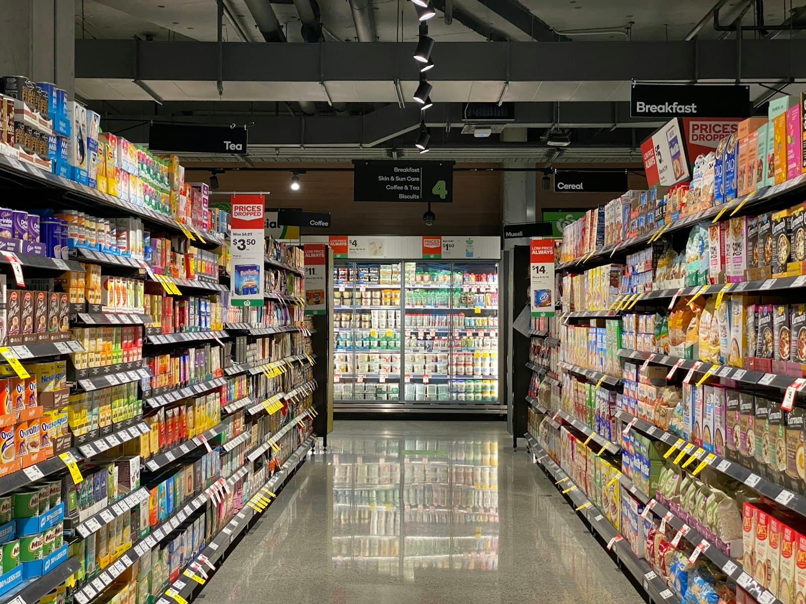 Stocked aisle inside a busy retail store